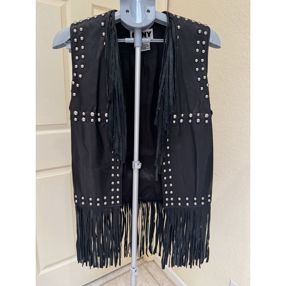 Dkny Jackets & Blazers - VTG DKNY Black Leather Fringed Studded Vest   Size XS